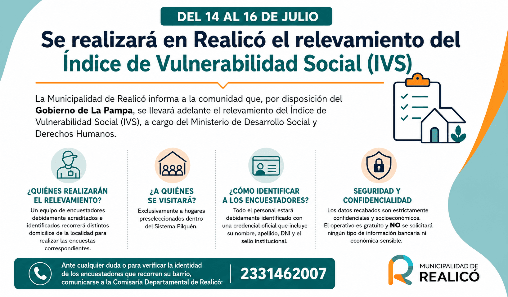 Se realizará en Realicó el relevamiento del Índice de Vulnerabilidad Social (IVS)