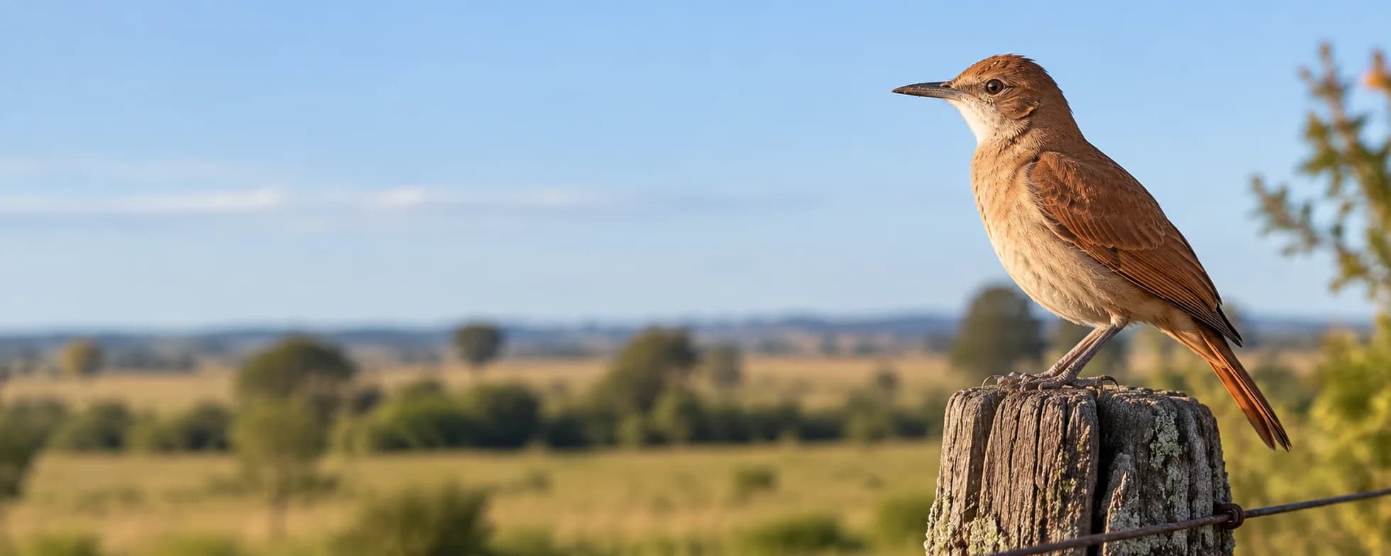 Hornero posado sobre un poste de alambrado, con el campo pampeano de fondo